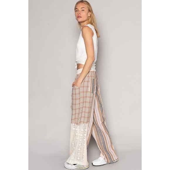 POL Natural Tan Washed Cotton Plaid with Stripes Lace Leg Pants - Picture 4 of 12